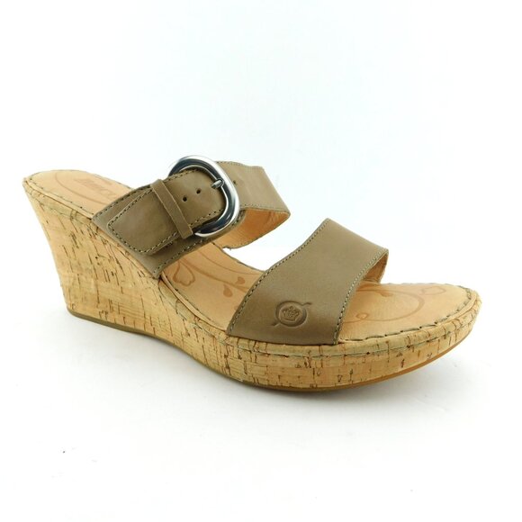 BORN Beige Leather Buckle Double Strap Slide Cork Wedge Sandals 9 - Picture 1 of 7